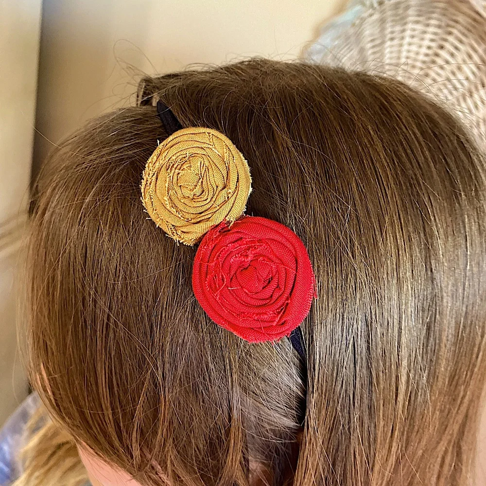 Rosette Red & Gold 8.5” Black Stretchy Headband